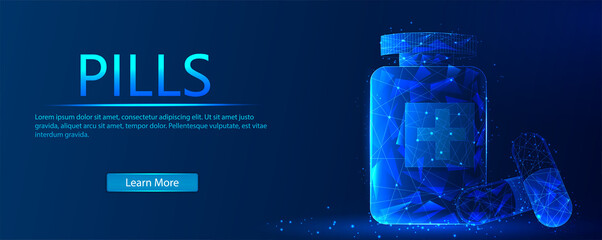 Pills. An abstract polygon frames two pill capsules next to a bottle of blue background. Pills, medical pills, bottle pills, medicine, illustration design concept of Healthcare and Medicine.