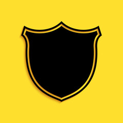 Wall Mural - Black Shield security icon isolated on yellow background. Protection, safety, security concept. Firewall access privacy sign. Long shadow style. Vector.