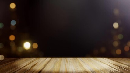 Wall Mural - Wooden table with defocused Christmas lights on the dark background. New year and christmas 2026/2025. Loop 3D 4K animation.