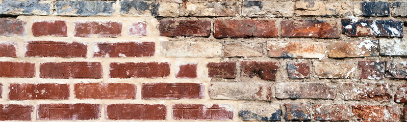 Wall Mural - Old Distressed Brick Wall Construction. Decay Brick Texture Material. Grungy Rusty Brickwork Surface.