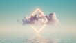 3d render, abstract geometric background, white cloud and glowing neon square frame. Illuminated cumulus. Minimal futuristic seascape with reflection in the water