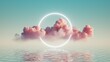 3d render, abstract background with pink cloud levitating inside bright glowing ring, round neon frame, with reflection in the water. Minimal futuristic seascape