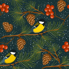 Wall Mural - Winter theme seamless pattern with birds, pine cones and rowan berries.