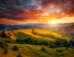 Wall Mural - incredible summer sunset in a mountain valley. location place of carpathian mountains, ukraine, euro