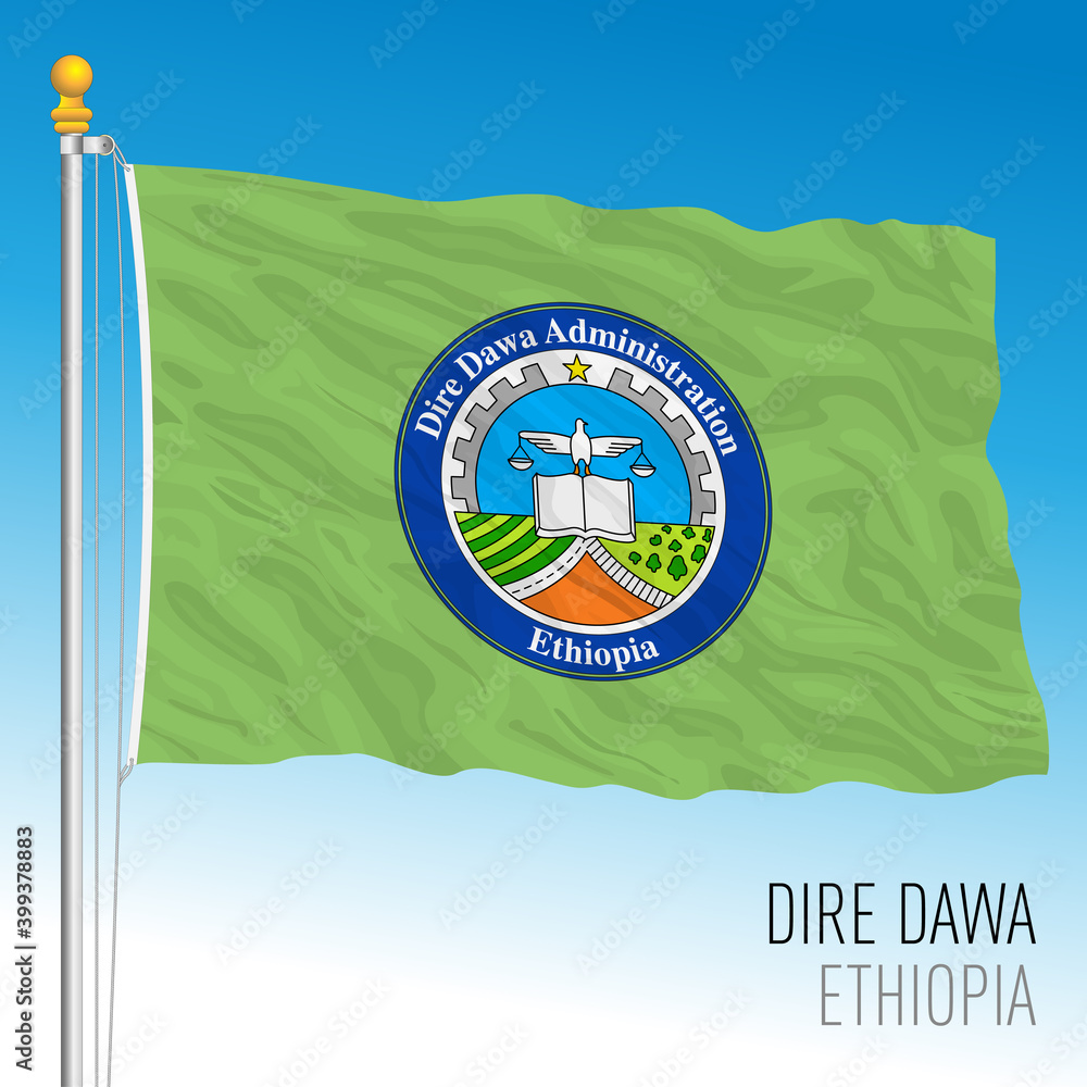 Dire Dawa regional flag, Republic of Ethiopia, vector illustration on the blue sky background - obrazy, fototapety, plakaty 