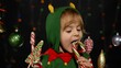 © Andrii Iemelianenko - Blonde kid girl in Christmas elf Santa Claus helper costume licking lollipop candy cane sweets isolated on black background with garland. Child enjoying caramel sweets. New Year holidays celebration