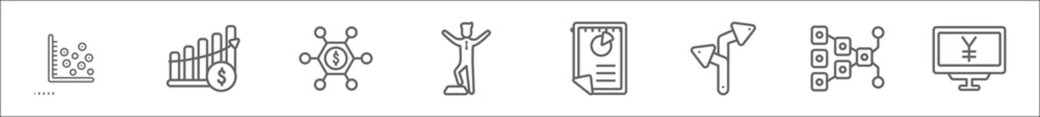 outline set of business line icons. linear vector icons such as scatter chart, profit chart, centralized connections, man success, pie chart file, two way arrows, item connections, yen currency