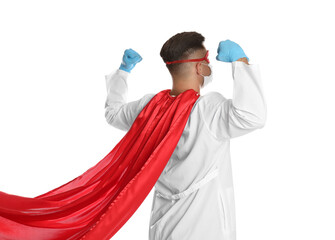 Canvas Print - Doctor wearing face mask and cape on white background. Super hero power for medicine