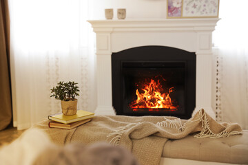 Poster - Elegant room interior with artificial burning fireplace