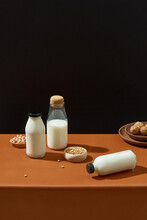Milk From Nuts, Walnut, Peanut, Soy In Glasses On Table.