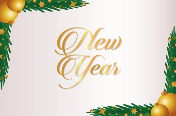 Sticker - happy new year lettering card with golden balls in leafs pine