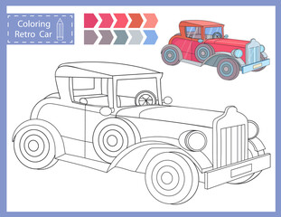 Wall Mural - Vector illustration of retro car. Coloring the drawing of vehicle. Children worksheets. Kids activity page. Activity art game for book. 