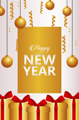 Canvas Print - happy new year lettering card with golden balls and gifts