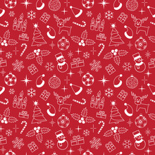 Red Christmas Background Doodle Elements Seamless Repeat Pattern. Great For Xmas Wallpaper, Happy Holidays Backdrops, Winter Themed Packaging, Scrapbooking, Giftwrap Projects. Surface Pattern Design.