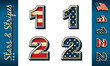 Numbers 1 and 2. Stylized vector numerals with USA flag elements and colors, isolated on white, with example on dark background.