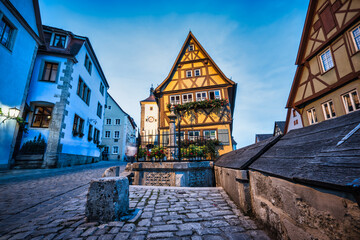 Classic view of picturesque Plonlein (Little Square) in Rothenburg ob der Tauber, Bavaria, Germany