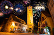 Fireworks near clock tower of Rothenburg ob der Tauber. Germany 