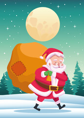 Wall Mural - cute santa claus with giftbag at night scene