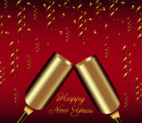 Sticker - happy new year lettering card with golden champagne cups