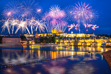 Wall Mural - Fireworks display near Prague's castle. Czech Republic 