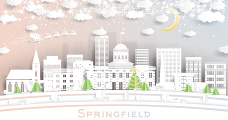 Springfield Illinois USA City Skyline in Paper Cut Style with Snowflakes, Moon and Neon Garland.