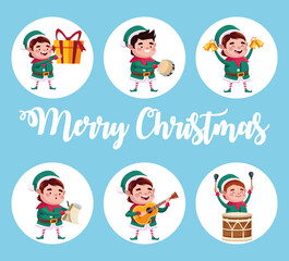 Poster - group of santa helpers characters with gifts and instruments