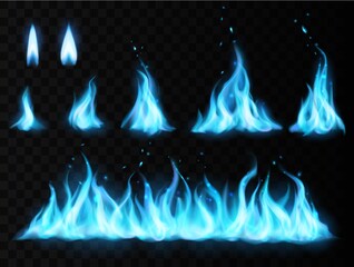 Blue fire flame vector set, transparent background