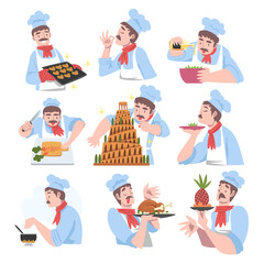 Sticker - Chef Cooking in the Kitchen Set, Cook Character in Hat and Uniform Cooking, Baking and Serving Food Cartoon Style Vector Illustration