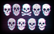 Glitch Skulls Vector Distorted Neon Glow Craniums