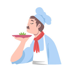 Poster - Chef Smelling Delicious Dish, Cook Character in Hat and Apron Cooking in the Kitchen Cartoon Style Vector Illustration