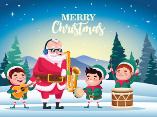 Poster - cute santa claus and helpers playing instruments scene