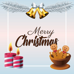 Poster - happy merry christmas lettering card with bells and candles