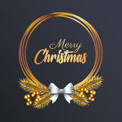 Wall Mural - happy merry christmas golden lettering with silver bow in circular frame