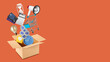 © Pixel-Shot - Open cardboard box with different items on color background. Concept of digital marketing
