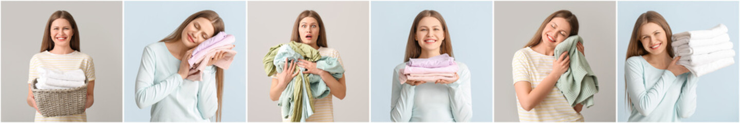 Wall Mural - Young woman with clean laundry on grey background