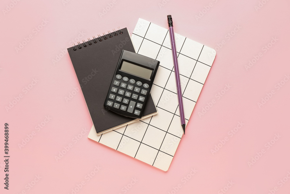 Digital calculator, notebook and pencil on color background