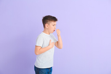 Sticker - Coughing little boy on color background