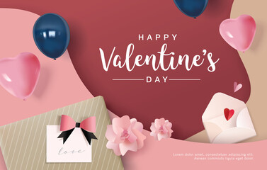 Poster - Happy Valentine's Day design with gift, balloons, love letter and flowers.