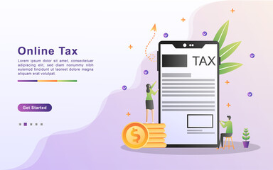 Illustration concept of online tax. Filling tax form. Business concept. People vector illustration. people filling tax form, people submit digital ta, online bill payment, calculating taxes bill.