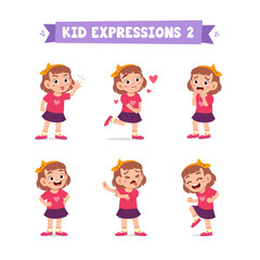 Wall Mural - cute little kid girl in various expressions and gesture set