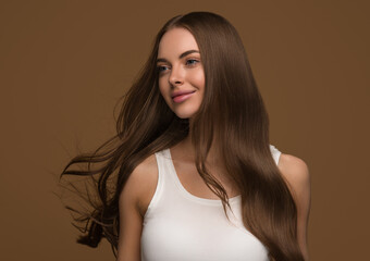 Beautiful long smooth hair woman beauty face portrait