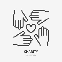 Volunteer organization flat line icon. Vector outline illustration of hands and heart. Black color thin linear sign for charity unity