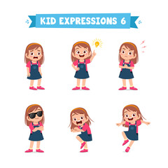 cute little kid girl in various expressions and gesture set