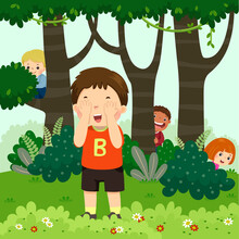 Vector Illustration Cartoon Of Children Playing Hide And Seek In The Park.