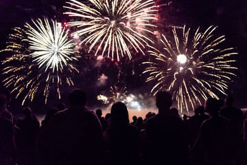 Wall Mural - Crowd watching fireworks and celebrating new year