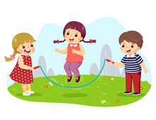 Vector Illustration Cartoon Of Kids Jumping Rope In The Park.