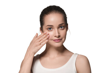 Beautiful woman with clean face skin hands manicure natural touching face