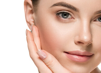 Wall Mural - beautiful woman face hands touching cheeks with healthy clean beauty skin close up