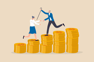 Wall Mural - Retirement saving or investment pension fund, planning for wealth and expense for living after retire concept, happy rich elderly couple old man and woman walking on stack of growth money coins saving