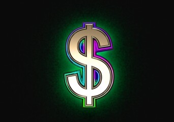 Wall Mural - Grey brassy with colorful dichroic glass outline and green backlight font - dollar - peso sign isolated on dark, 3D illustration of symbols